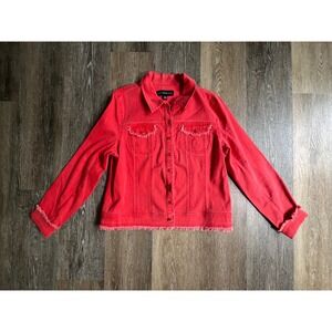 Trousers Etc Denim Jacket Womens 10 Red Frayed Fringe Trim Raw Hem Button Front